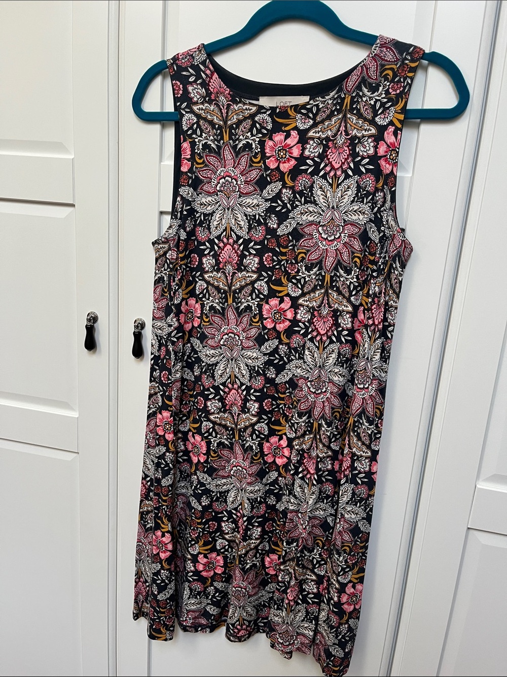 LOFT Grey Floral Sleeveless A-Line Dress with Pink Accents